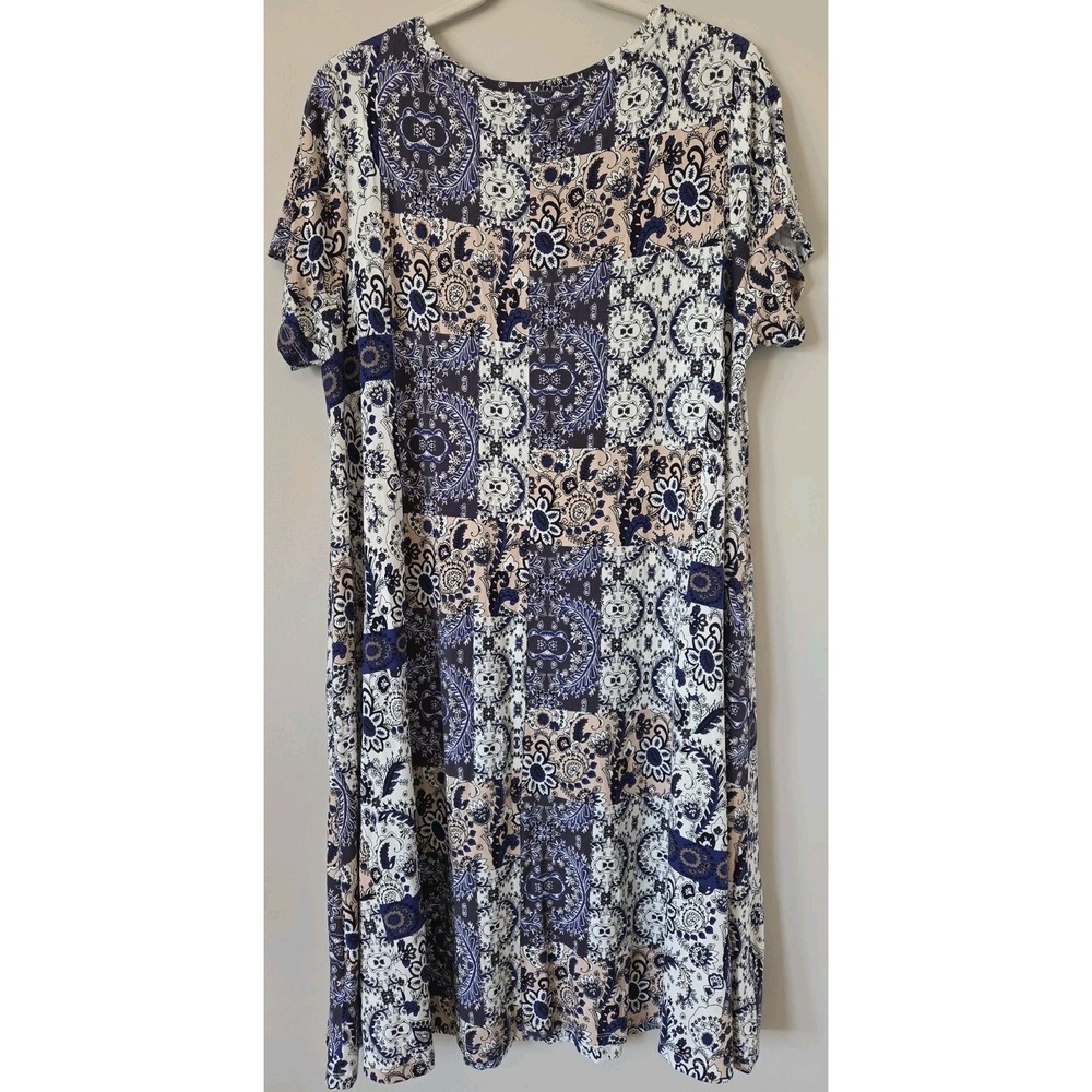 Rachel Zoe Blue Patchwork Dress Flowy Stretch A Line Boho V Neck Womens Size 1X - Picture 2 of 8